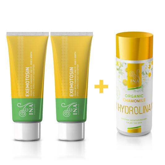 Kup 2 kremy na łuszczycę, egzemę lub podrażnioną skórę, a otrzymasz 1 organiczną wodę rumiankową gratis