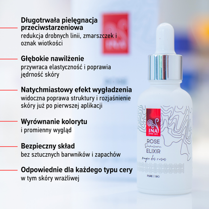 Intensywne serum przeciwstarzeniowe do twarzy z organicznym olejkiem różanym – Rose Elixir