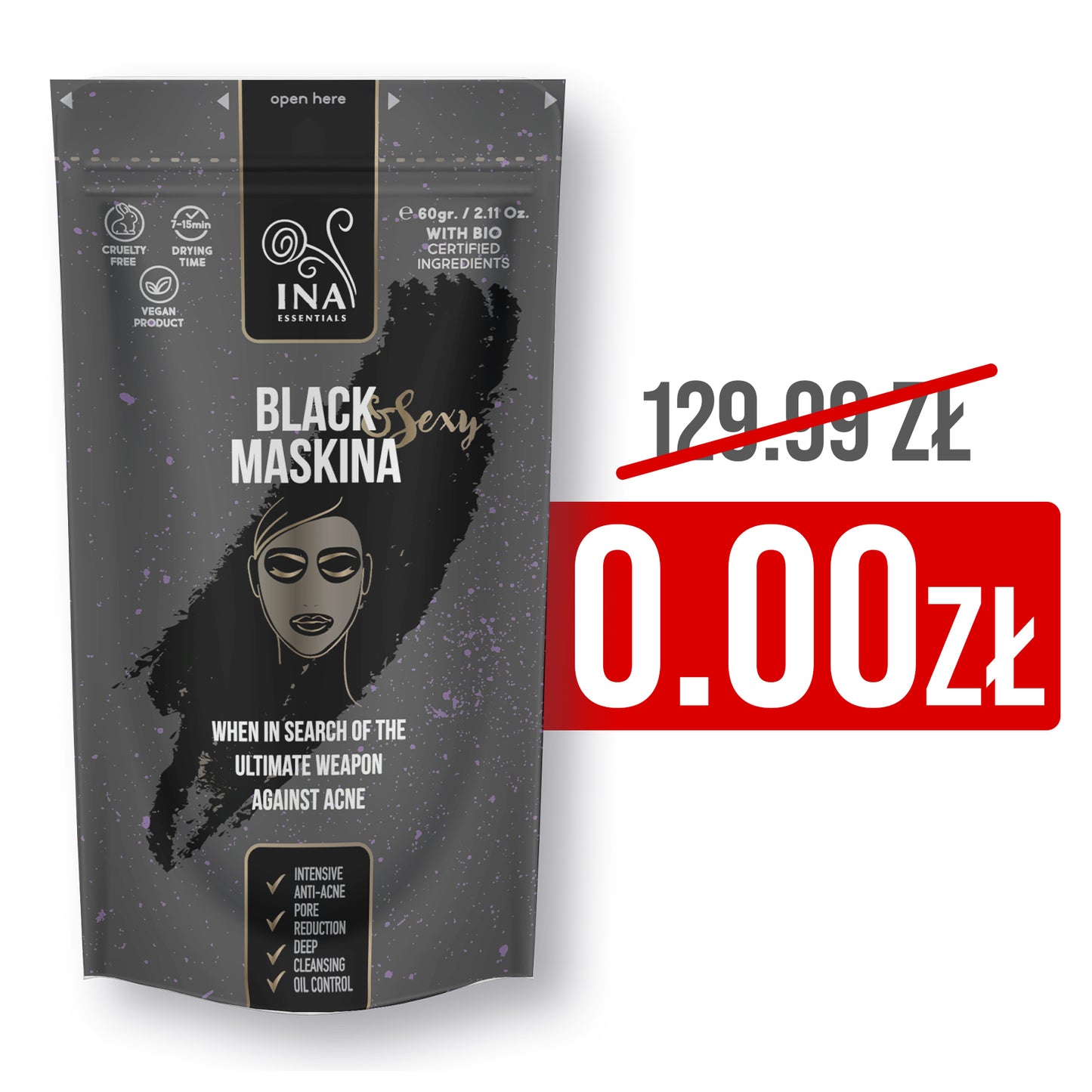 + Prezent Maska na twarzy - Czarna Maskina - intensywna pielęgnacja skóry Trądzikowej i z Zaskórnikami
